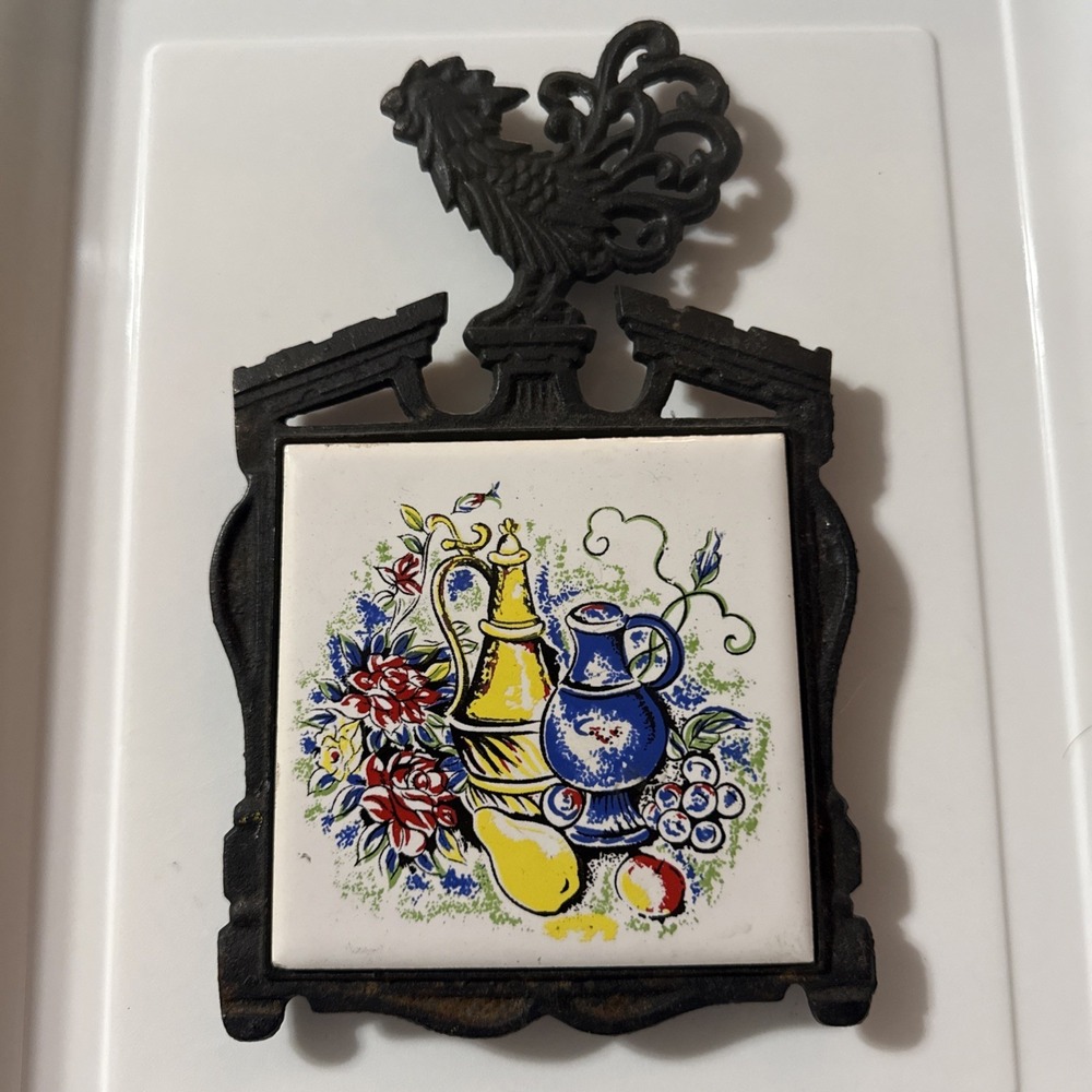 Vintage Rooster Cast Iron Ceramic Tile Trivet Hot Pad Kitchen Wall Decor